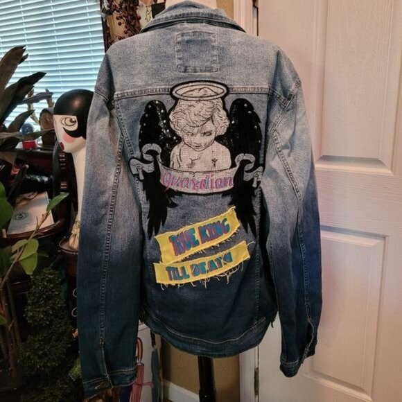 Vintage '90s Streetwear Denim Jacket Blue Patch Patches Angel Thrasher 2x - Picture 1 of 8